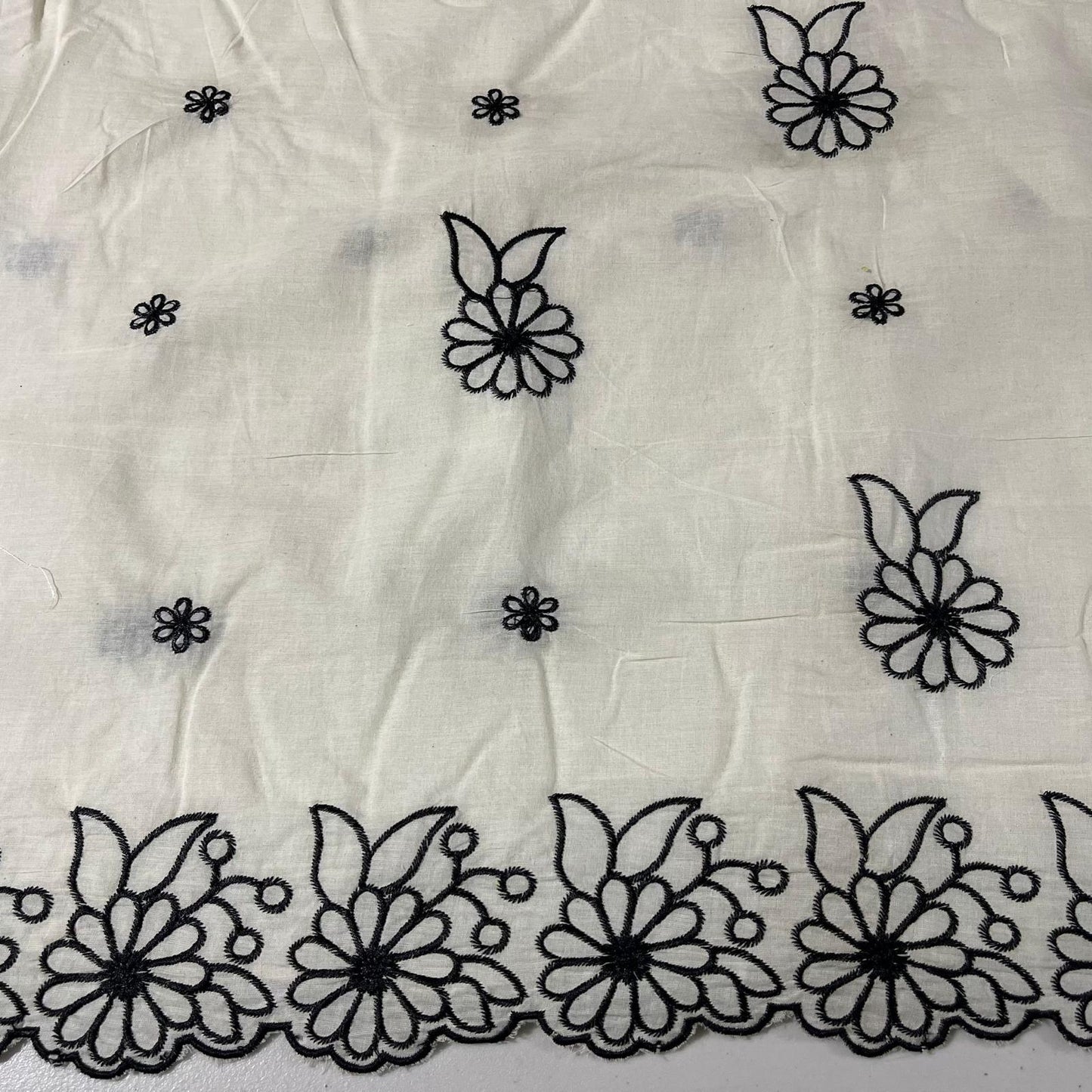 Black Floral Scallop Border Embroidery Dyeable Cotton Embroidery Fabric Dress Craft Quilting Material 44" Wide By Meter