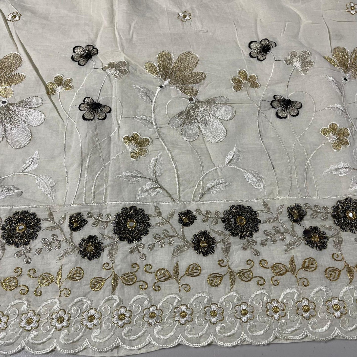 Metallic Floral Scallop Border Embroidery Dyeable Cotton Embroidery Fabric Dress Craft Quilting Material 44" Wide By Meter