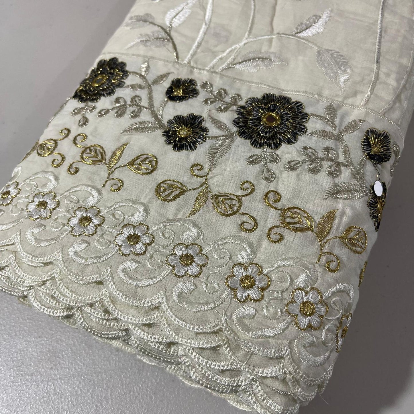 Metallic Floral Scallop Border Embroidery Dyeable Cotton Embroidery Fabric Dress Craft Quilting Material 44" Wide By Meter