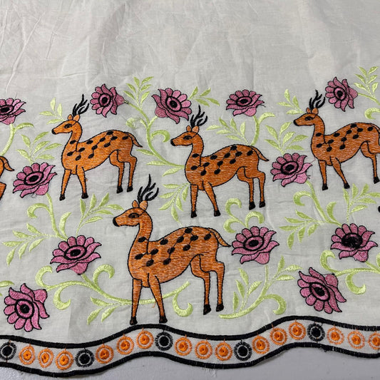 Deer Floral Bloom Embroidery Dyeable Cotton Embroidery Fabric Dress Craft Quilting Material 44" Wide By Meter