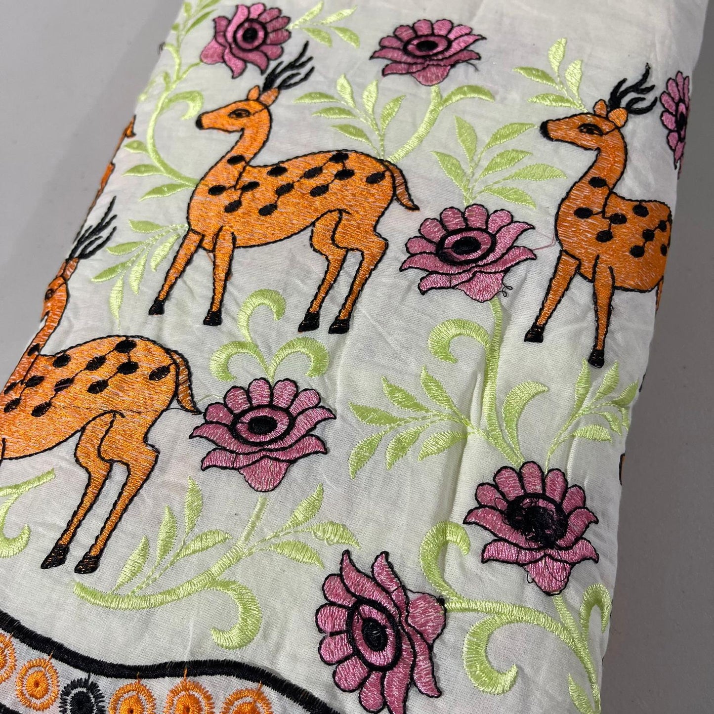 Deer Floral Bloom Embroidery Dyeable Cotton Embroidery Fabric Dress Craft Quilting Material 44" Wide By Meter