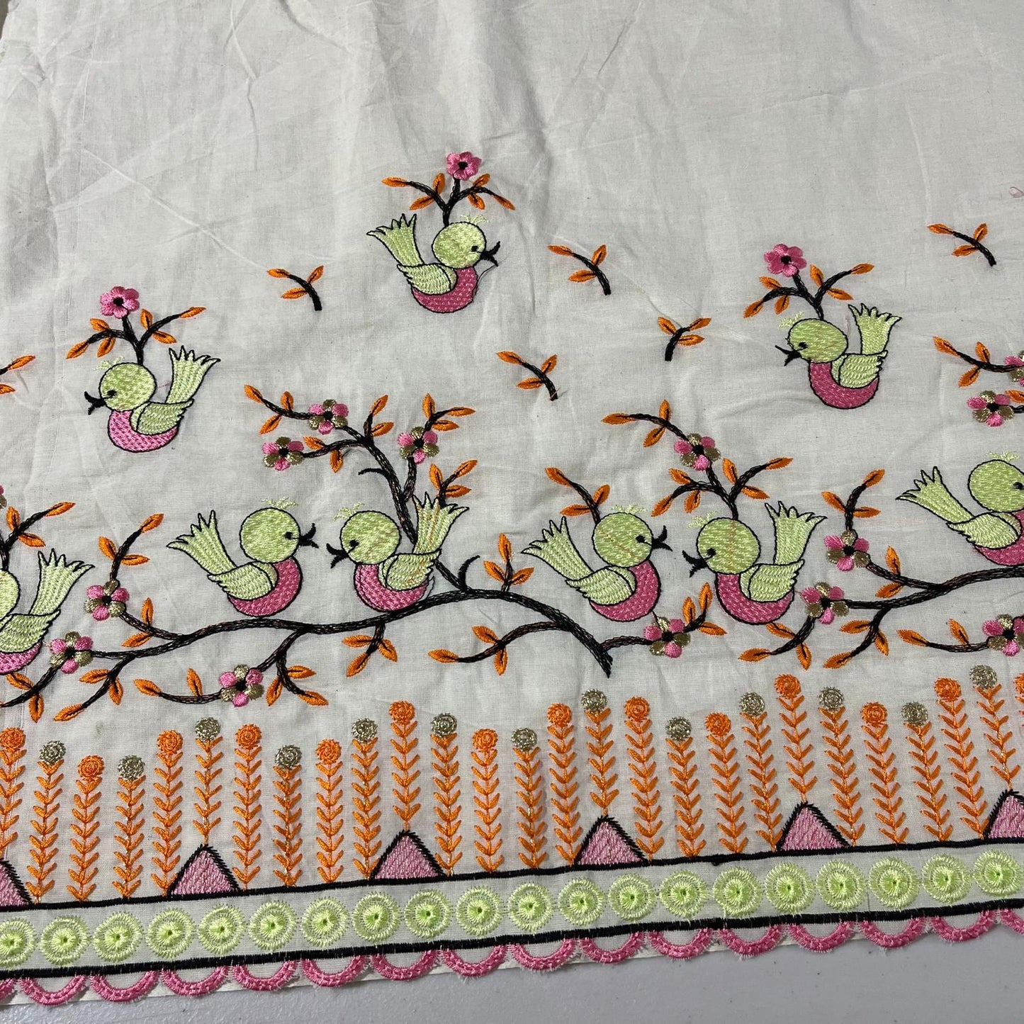 Chirping Birds Floral Embroidery Dyeable Cotton Embroidery Fabric Dress Craft Quilting Material 44" By Meter Wide