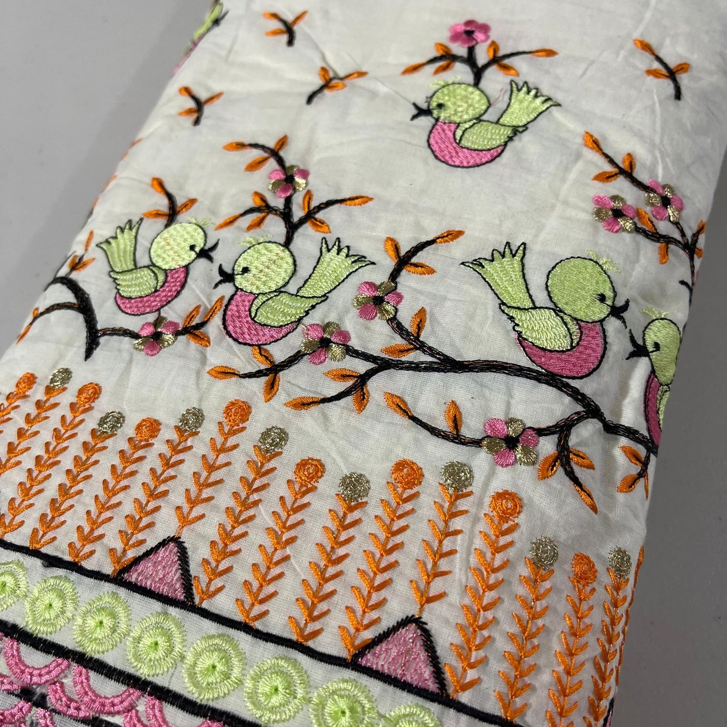 Chirping Birds Floral Embroidery Dyeable Cotton Embroidery Fabric Dress Craft Quilting Material 44" By Meter Wide