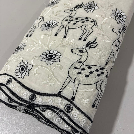 Deer Floral Bloom Embroidery Dyeable Cotton Embroidery Fabric Dress Craft Quilting Material 44" Wide By Meter
