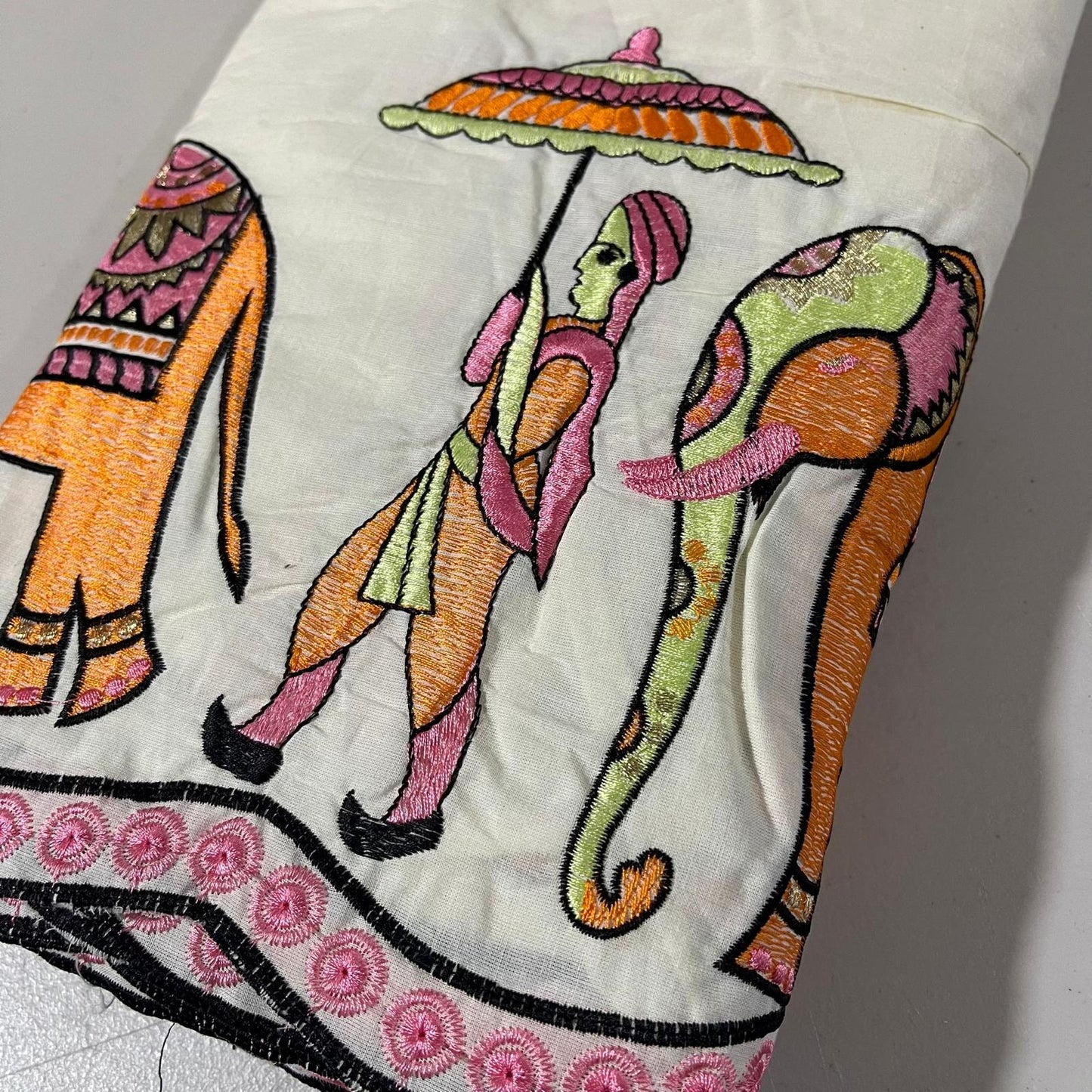 Elephant Royal Procession Embroidery Dyeable Cotton Embroidery Fabric Dress Craft Quilting Material 44" Wide By Meter