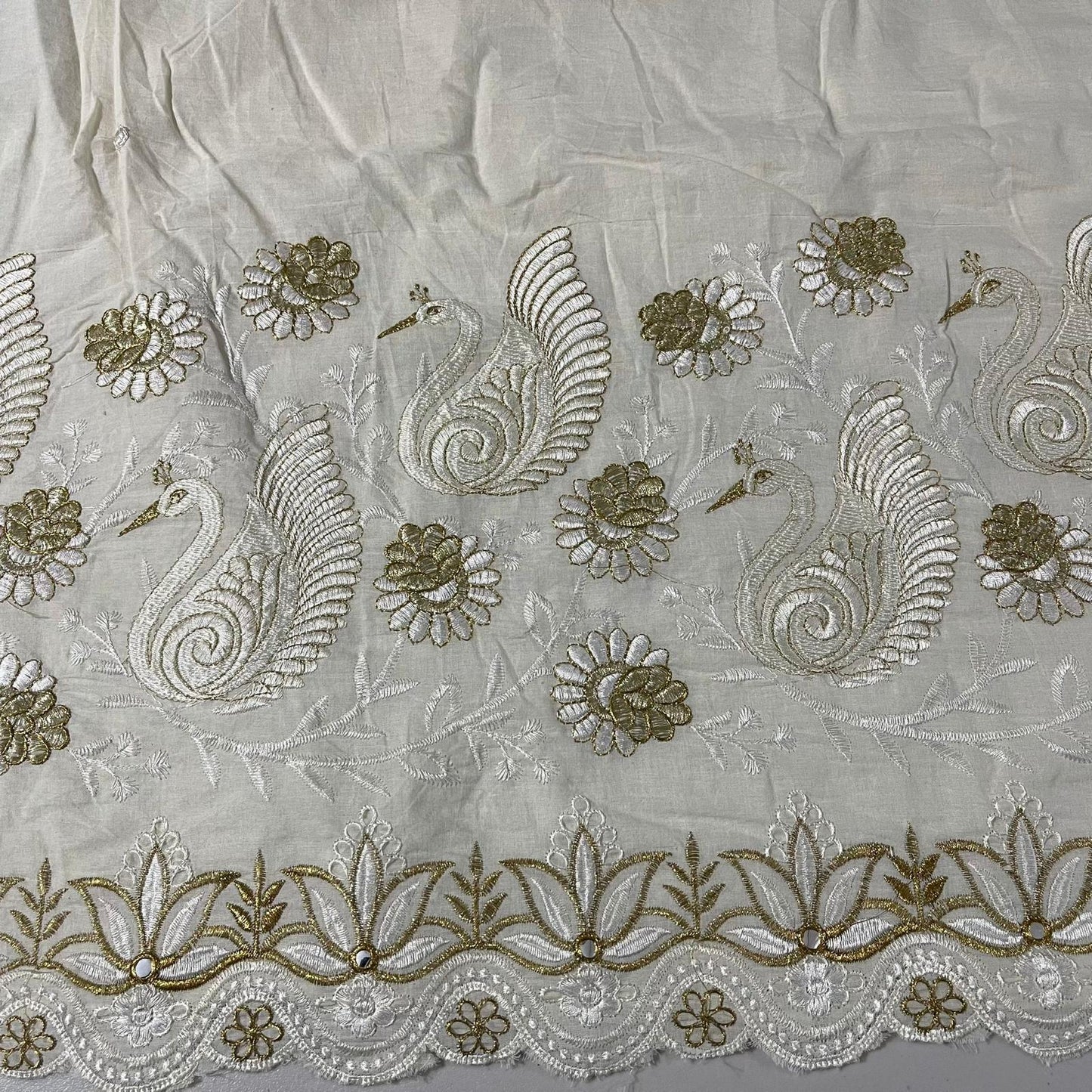 Swan Lotus Floral Border Embroidery Dyeable Cotton Embroidery Fabric Dress Craft Quilting Material 44" By Meter Wide