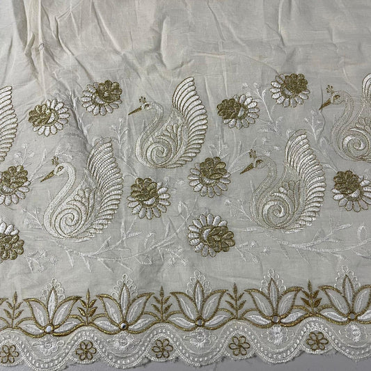 Swan Lotus Floral Border Embroidery Dyeable Cotton Embroidery Fabric Dress Craft Quilting Material 44" By Meter Wide