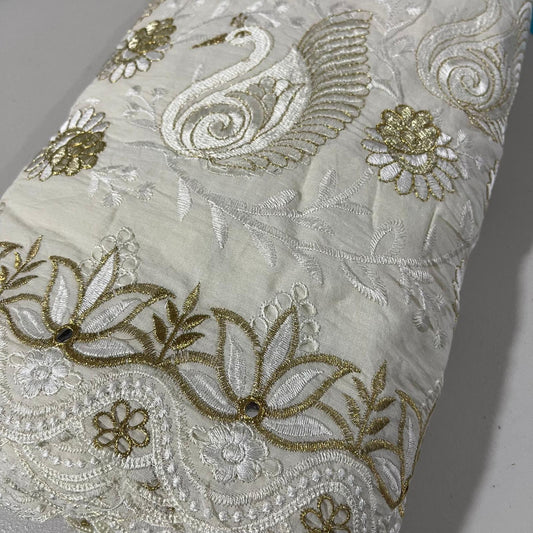 Swan Lotus Floral Border Embroidery Dyeable Cotton Embroidery Fabric Dress Craft Quilting Material 44" By Meter Wide