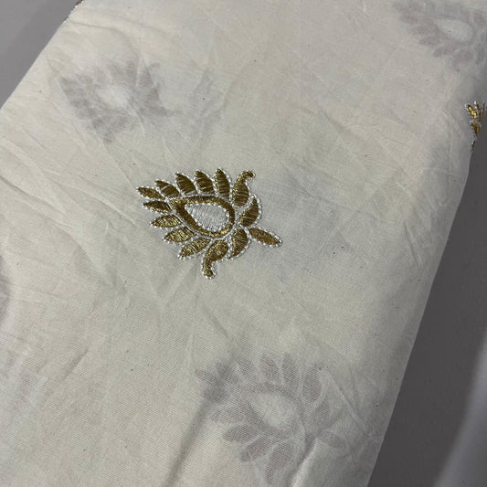 Gold Metallic Floral Embroidery Dyeable Cotton Embroidery Fabric Dress Craft Quilting Material 44" Wide By Meter