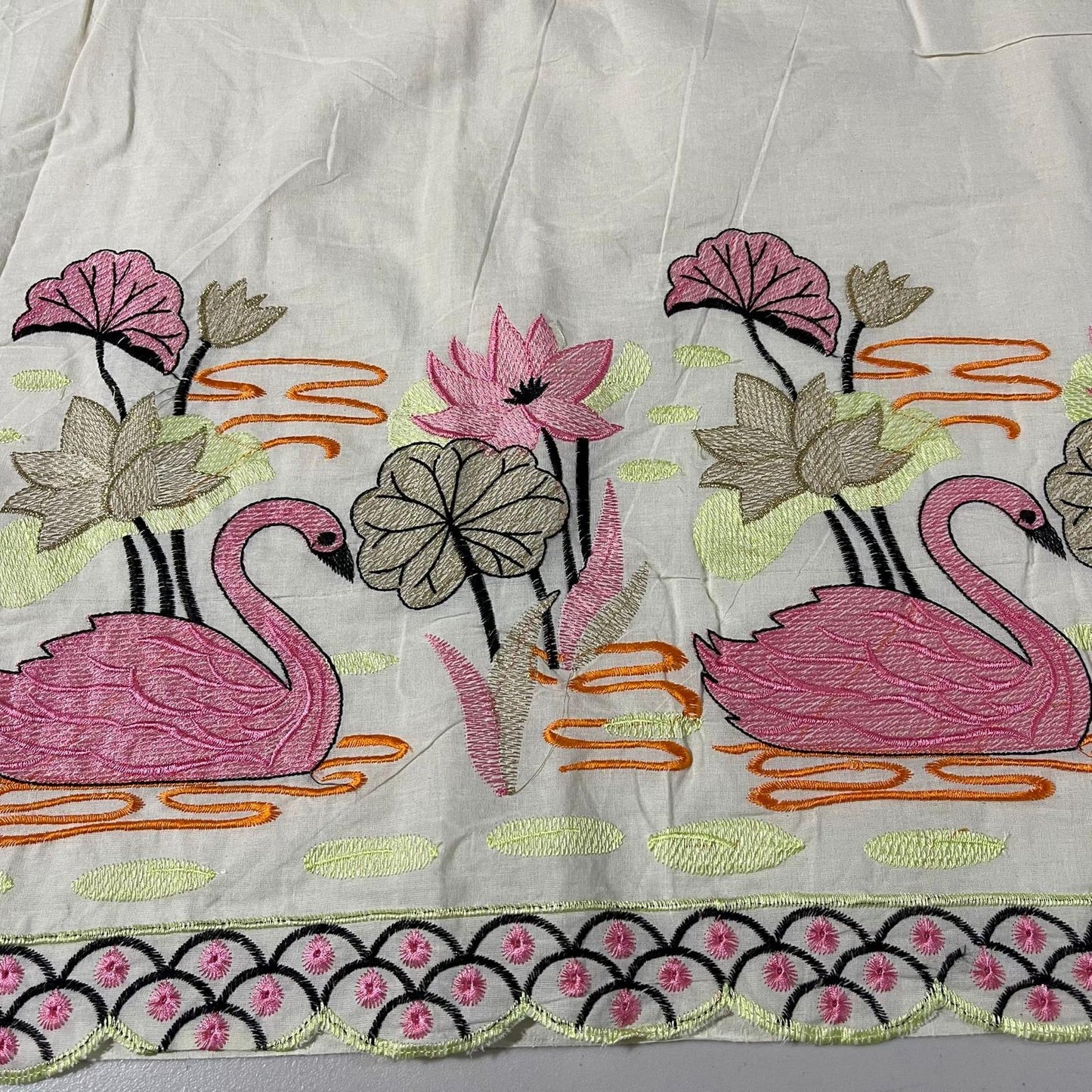Pink Swan Border Embroidery Dyeable Cotton Embroidery Fabric Dress Craft Quilting Material 44" By Meter Wide