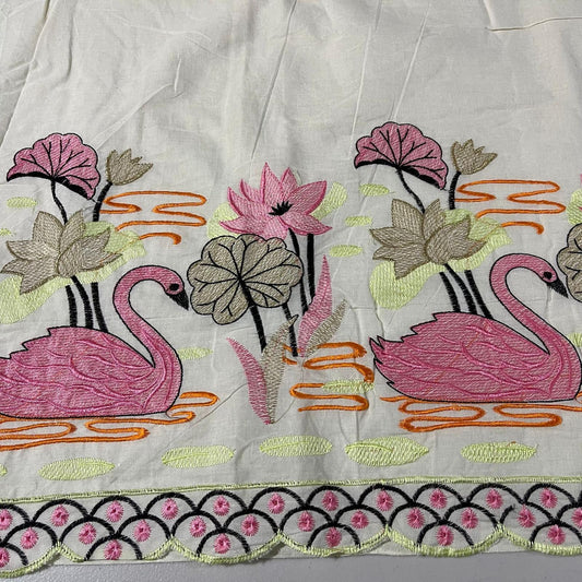 Pink Swan Border Embroidery Dyeable Cotton Embroidery Fabric Dress Craft Quilting Material 44" By Meter Wide