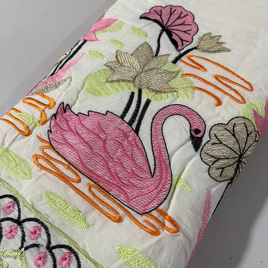 Pink Swan Border Embroidery Dyeable Cotton Embroidery Fabric Dress Craft Quilting Material 44" By Meter Wide