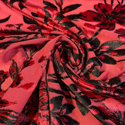 Red Floral Velvet Velour Devore Fabric Burnout Dress Craft Material 58" By The Meter