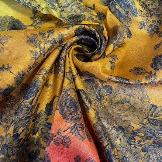 Floral Mustard Gold Multi Tone Polyester Raw Silk Material Dress Craft Quilting Fabric 44" Wide By The Meter