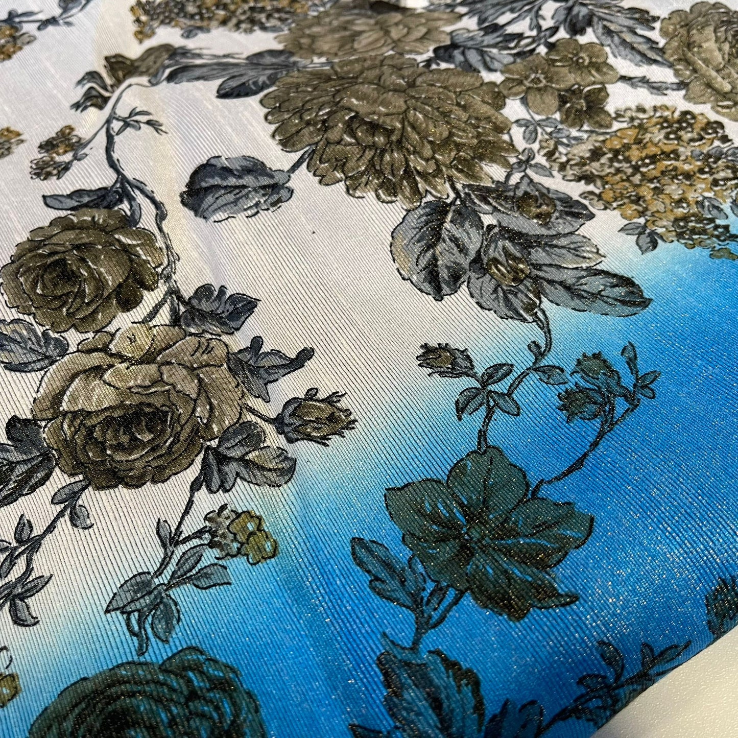 Floral Royal Blue Jade Multi Tone Polyester Raw Silk Material Dress Craft Quilting Fabric 44" Wide By The Meter