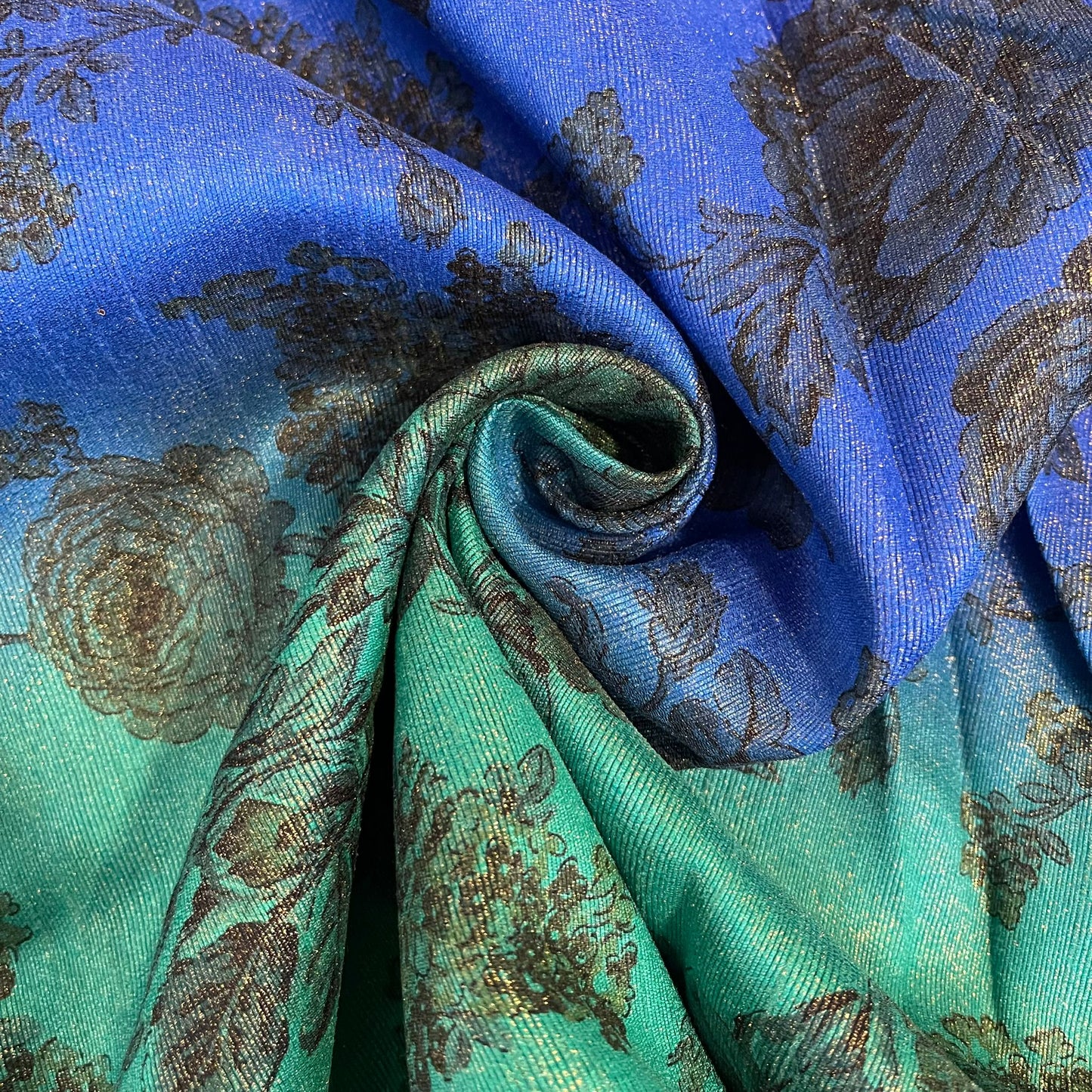 Floral Royal Blue Jade Multi Tone Polyester Raw Silk Material Dress Craft Quilting Fabric 44" Wide By The Meter