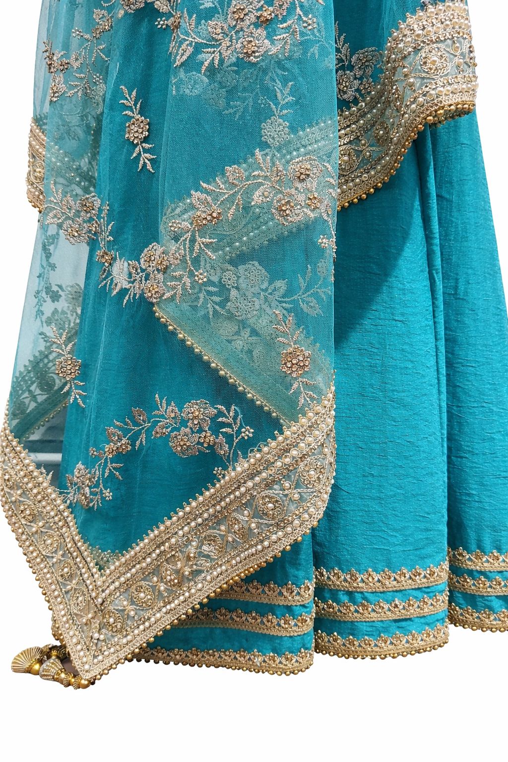 Turqouise Faux Silk Long Floor Length Anarkali Suit with Hand Embroidered Dupatta & Lycra Leggings – Size 38 | Indian Pakistani Party Wear UK