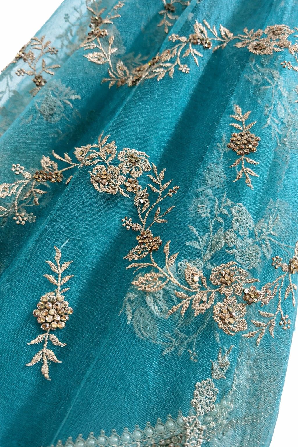 Turqouise Faux Silk Long Floor Length Anarkali Suit with Hand Embroidered Dupatta & Lycra Leggings – Size 38 | Indian Pakistani Party Wear UK