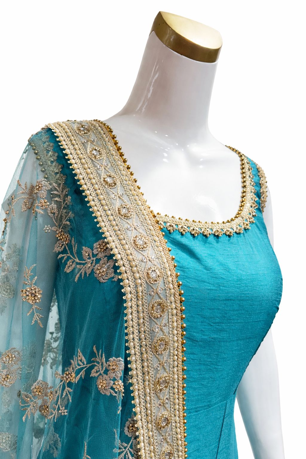 Turqouise Faux Silk Long Floor Length Anarkali Suit with Hand Embroidered Dupatta & Lycra Leggings – Size 38 | Indian Pakistani Party Wear UK