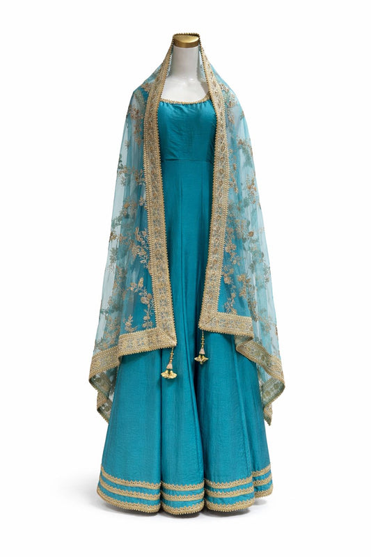 Turqouise Faux Silk Long Floor Length Anarkali Suit with Hand Embroidered Dupatta & Lycra Leggings – Size 38 | Indian Pakistani Party Wear UK