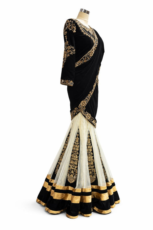 Black & Gold Velvet Lehenga Saree Style Suit with Heavy Embroidery Size 38 – Designer Asian Wedding Party Wear UK