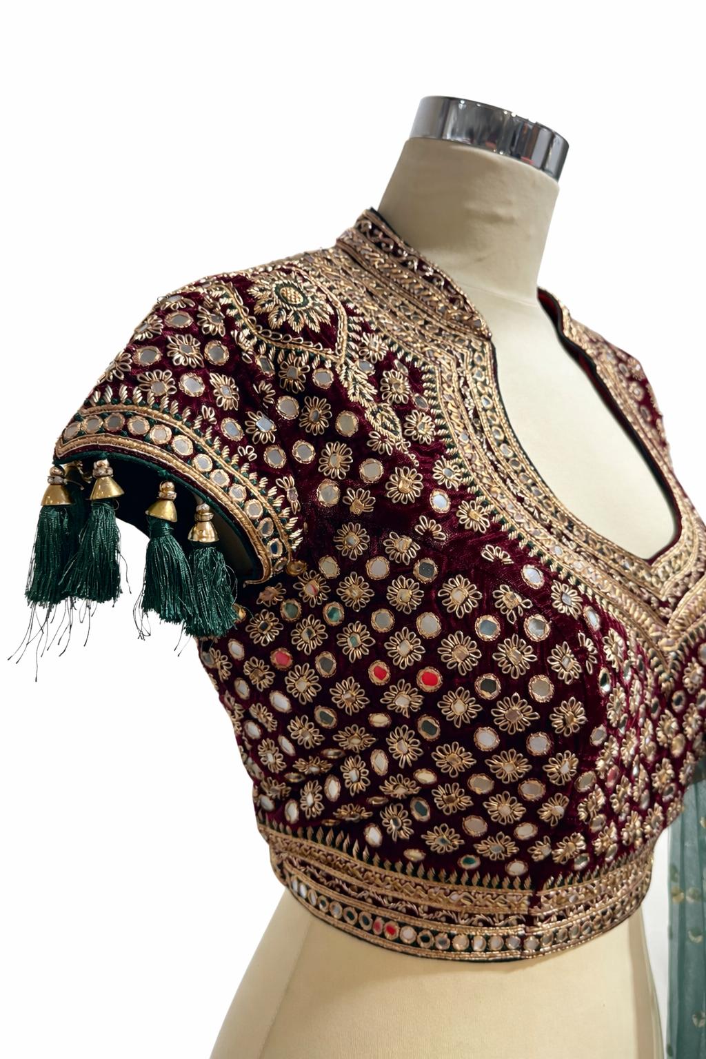 Emerald Green & Maroon Designer Lehenga Choli with Embroidered Blouse & Net Dupatta Size 38– Indian Wedding Party Wear UK