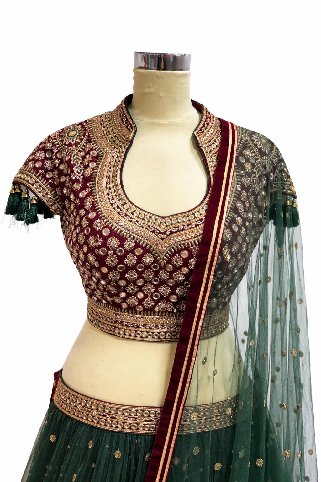 Emerald Green & Maroon Designer Lehenga Choli with Embroidered Blouse & Net Dupatta Size 38– Indian Wedding Party Wear UK