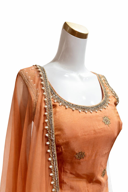 Peach Silk Sharara Suit with Hand Embroidered Dupatta – Designer Party Wear | Size 38
