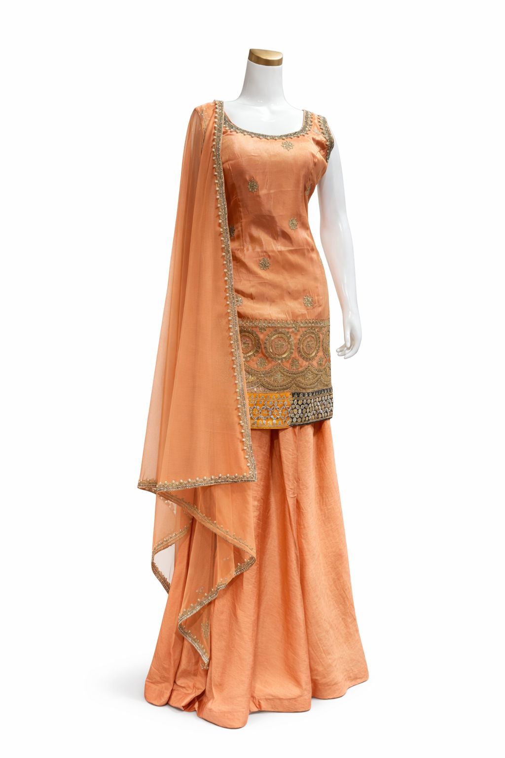 Peach Silk Sharara Suit with Hand Embroidered Dupatta – Designer Party Wear | Size 38