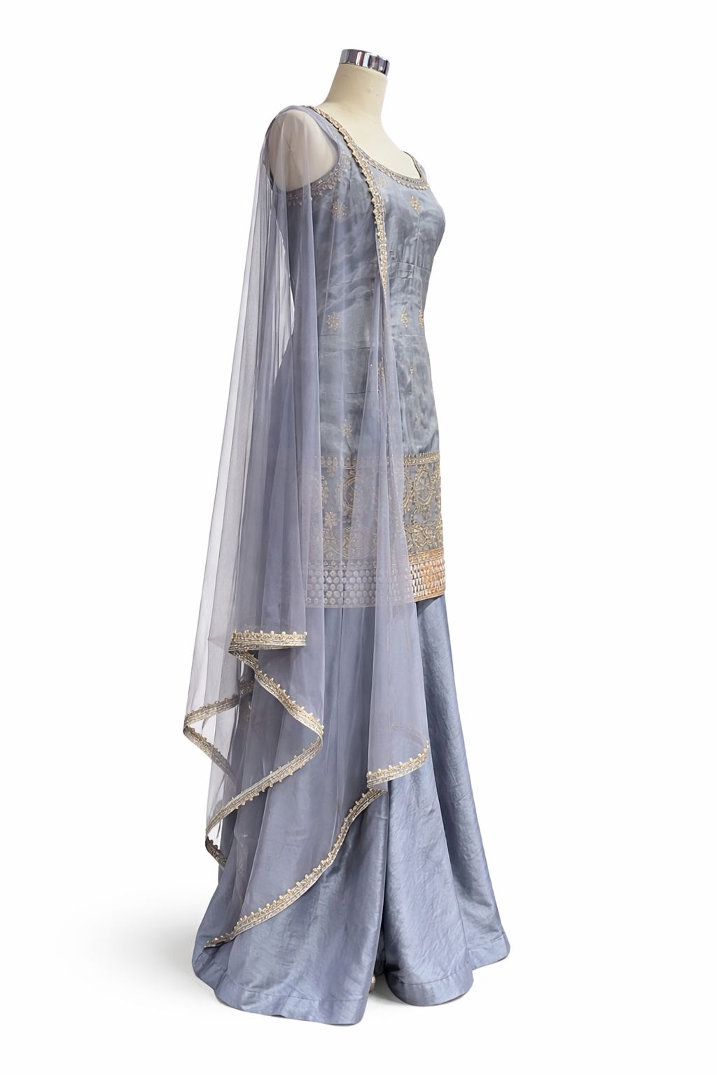 Grey Silk Sharara Suit with Hand Embroidered Dupatta – Designer Festive & Wedding Wear | Size 38