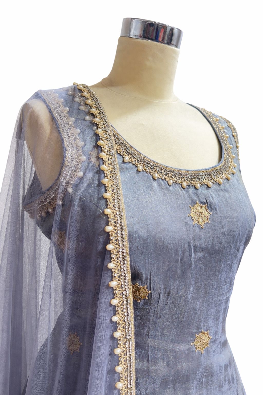 Grey Silk Sharara Suit with Hand Embroidered Dupatta – Designer Festive & Wedding Wear | Size 38