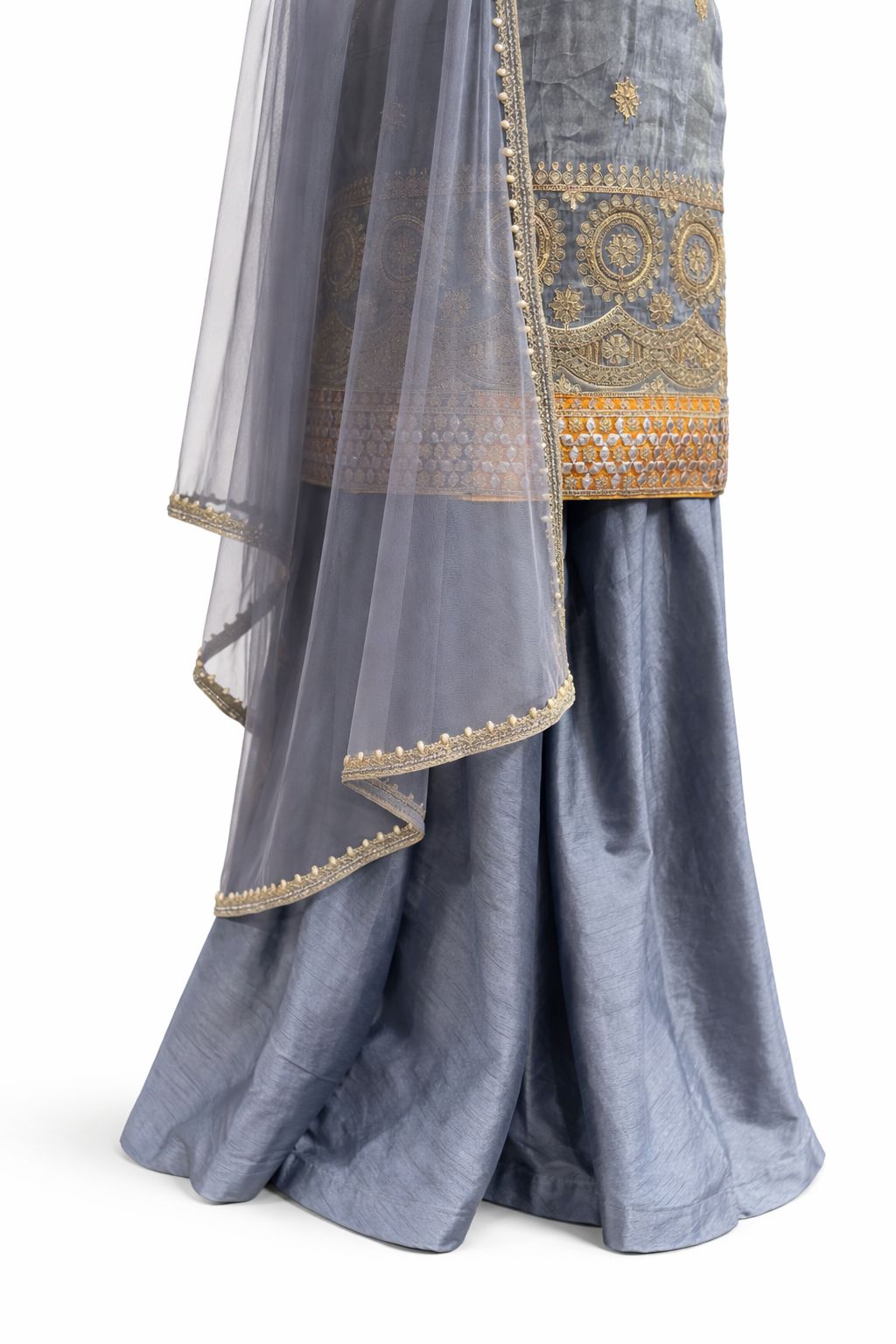 Grey Silk Sharara Suit with Hand Embroidered Dupatta – Designer Festive & Wedding Wear | Size 38