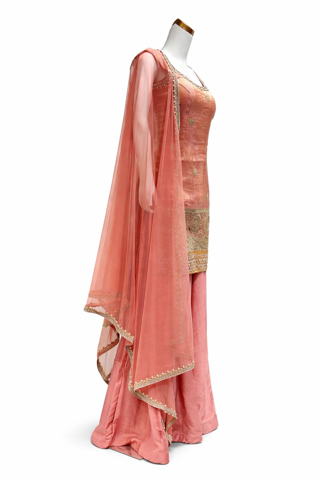 Peachy Pink Silk Sharara Suit with Hand Embroidered Dupatta – Luxury Wedding & Festive Wear | Size 38