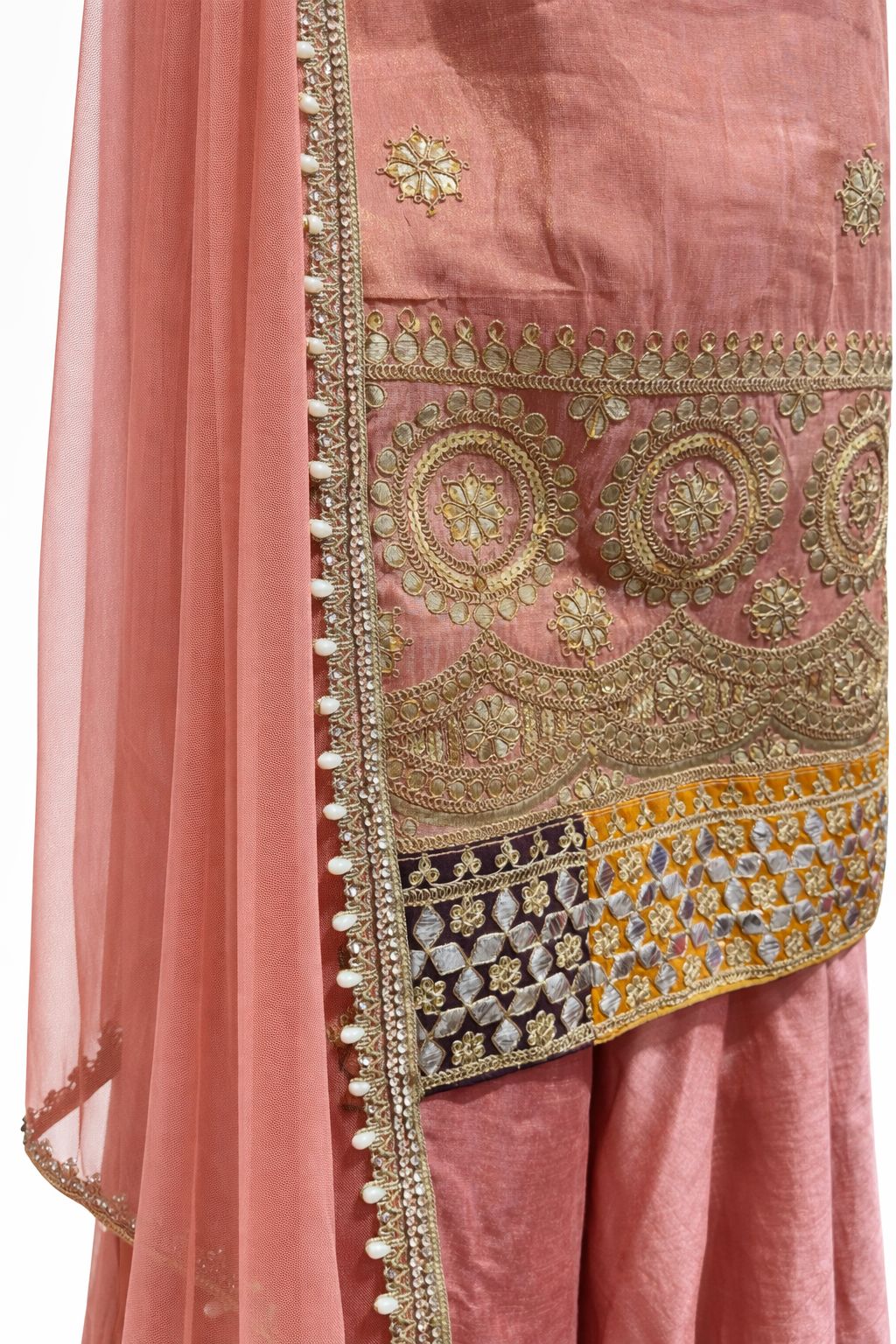 Peachy Pink Silk Sharara Suit with Hand Embroidered Dupatta – Luxury Wedding & Festive Wear | Size 38