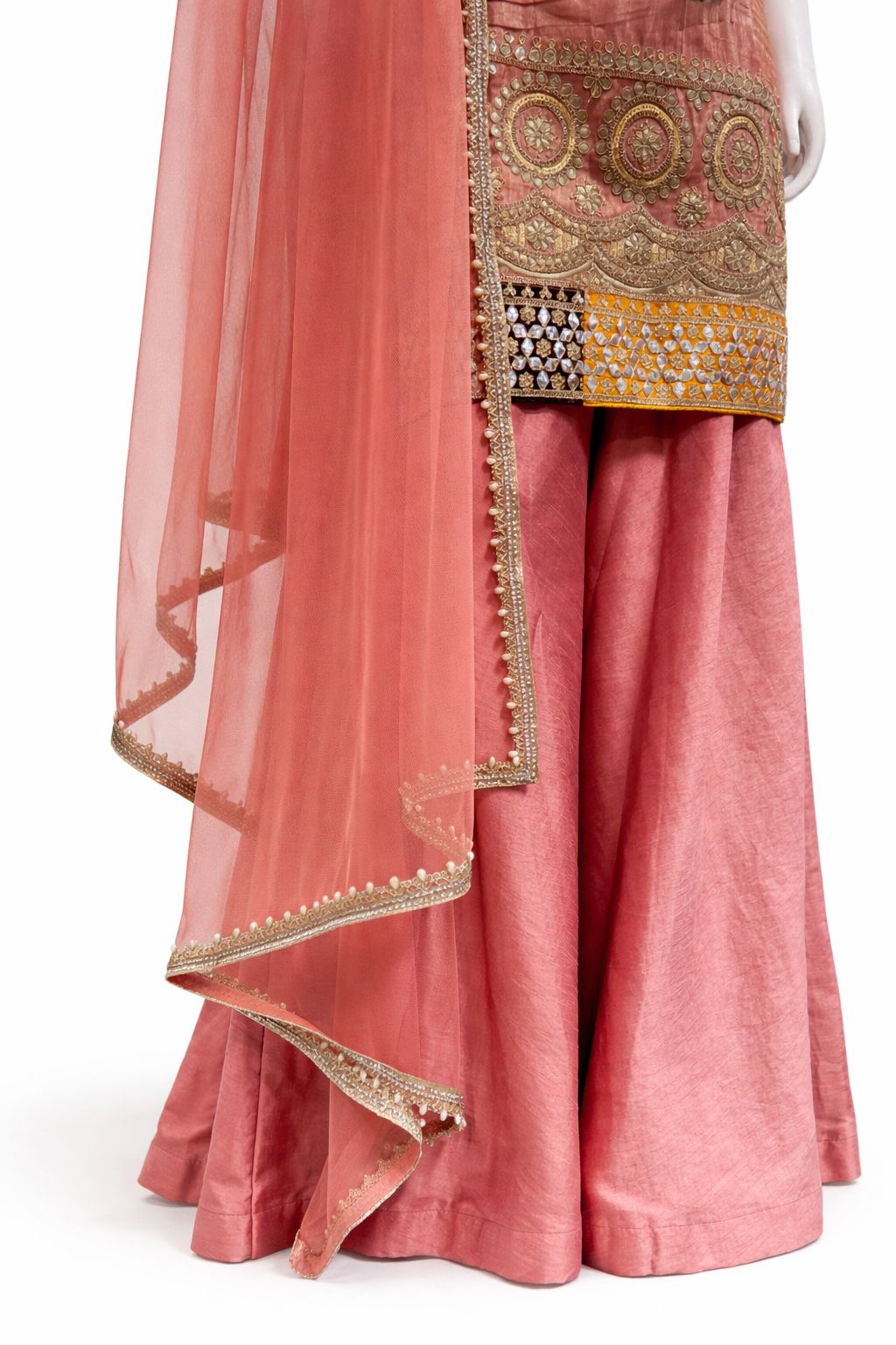 Peachy Pink Silk Sharara Suit with Hand Embroidered Dupatta – Luxury Wedding & Festive Wear | Size 38
