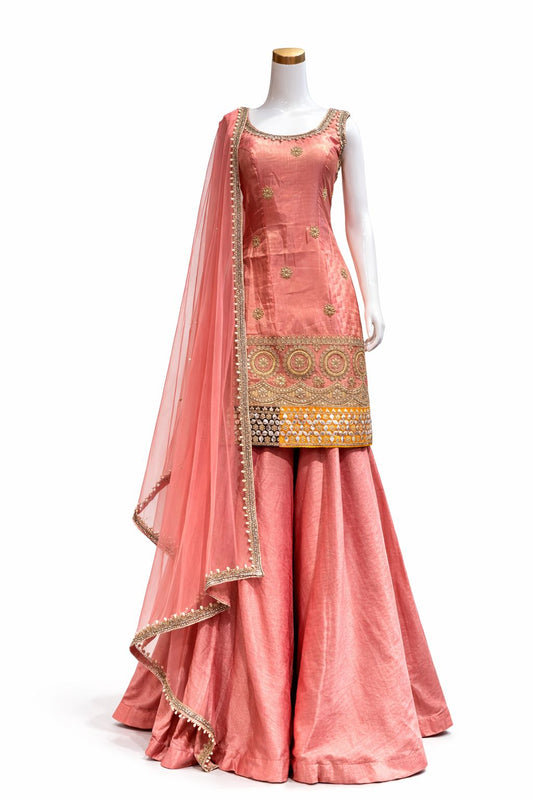 Peachy Pink Silk Sharara Suit with Hand Embroidered Dupatta – Luxury Wedding & Festive Wear | Size 38
