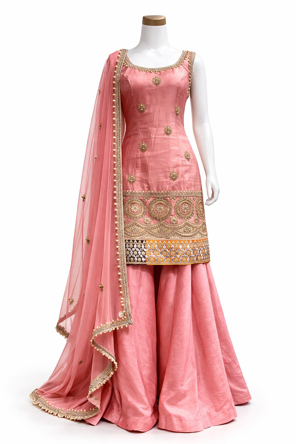 Peachy Pink Silk Sharara Suit with Hand Embroidered Dupatta – Luxury Wedding & Festive Wear | Size 38