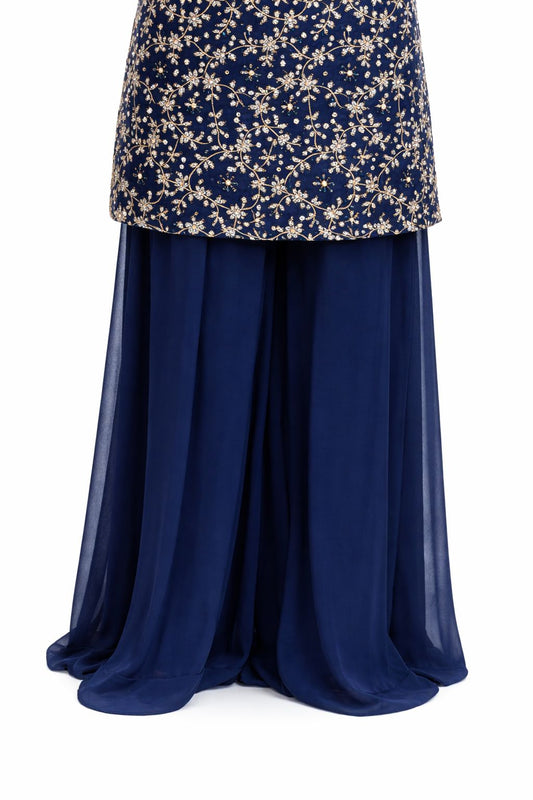 Navy Blue Hand Embroidered Suit with Georgette Sharara & Dupatta – Designer Wedding Wear | Size 38