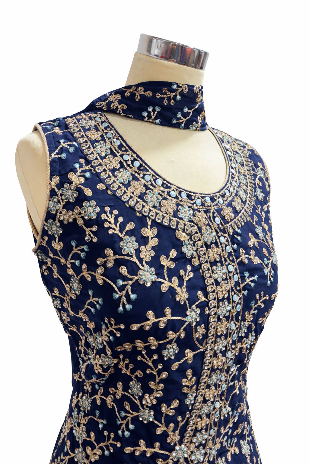 Navy Blue Hand Embroidered Suit with Georgette Sharara & Dupatta – Designer Wedding Wear | Size 38