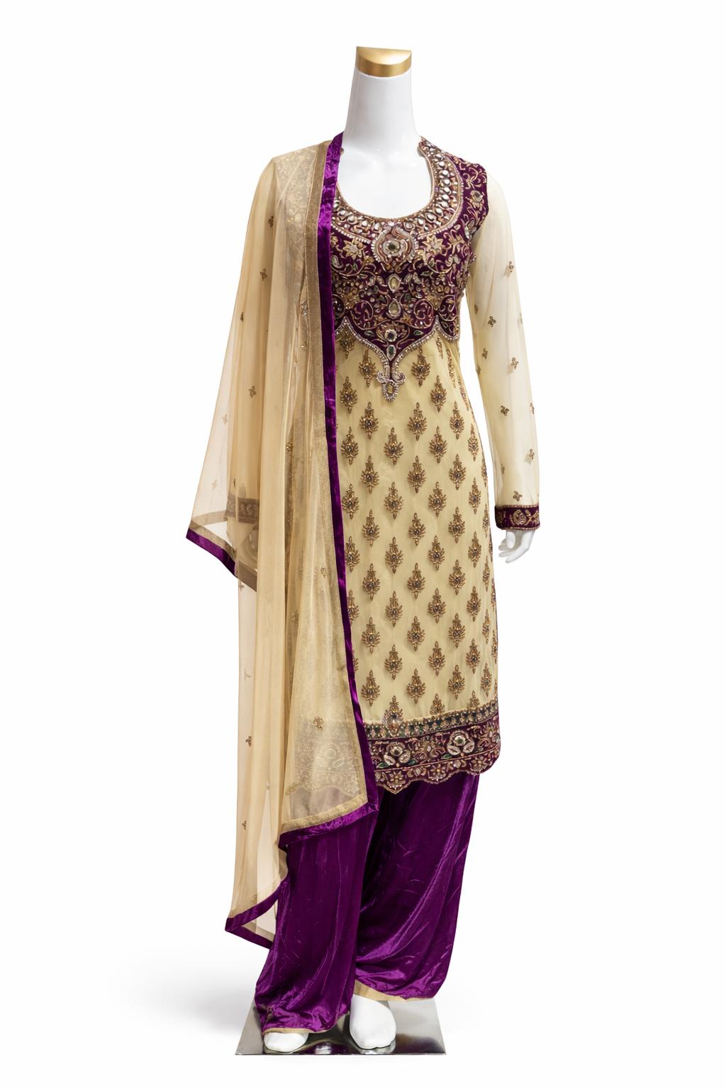 Cream & Purple Hand Embroidered Suit with Designer Dupatta – Wedding & Festive Wear | Size 38
