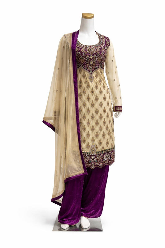 Cream & Purple Hand Embroidered Suit with Designer Dupatta – Wedding & Festive Wear | Size 38
