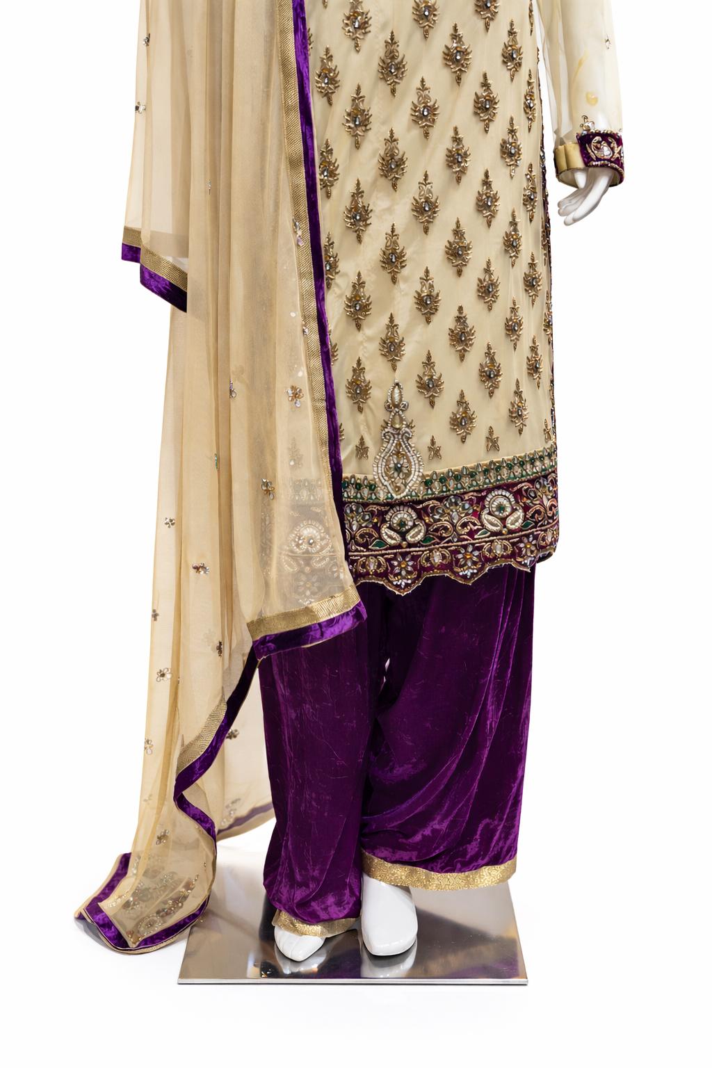 Cream & Purple Hand Embroidered Suit with Designer Dupatta – Wedding & Festive Wear | Size 38