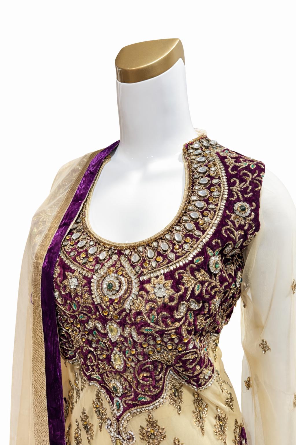 Cream & Purple Hand Embroidered Suit with Designer Dupatta – Wedding & Festive Wear | Size 38