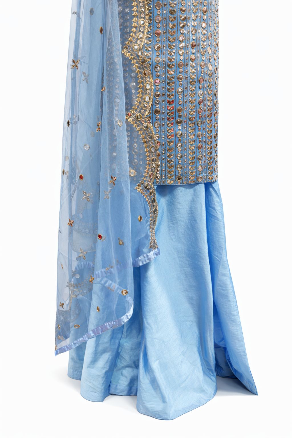 Sky Blue Mirror Work Suit with Silk Sharara & Embroidered Dupatta – Designer Wedding Wear | Size 40
