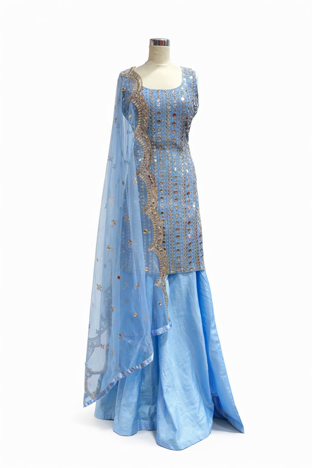 Sky Blue Mirror Work Suit with Silk Sharara & Embroidered Dupatta – Designer Wedding Wear | Size 42