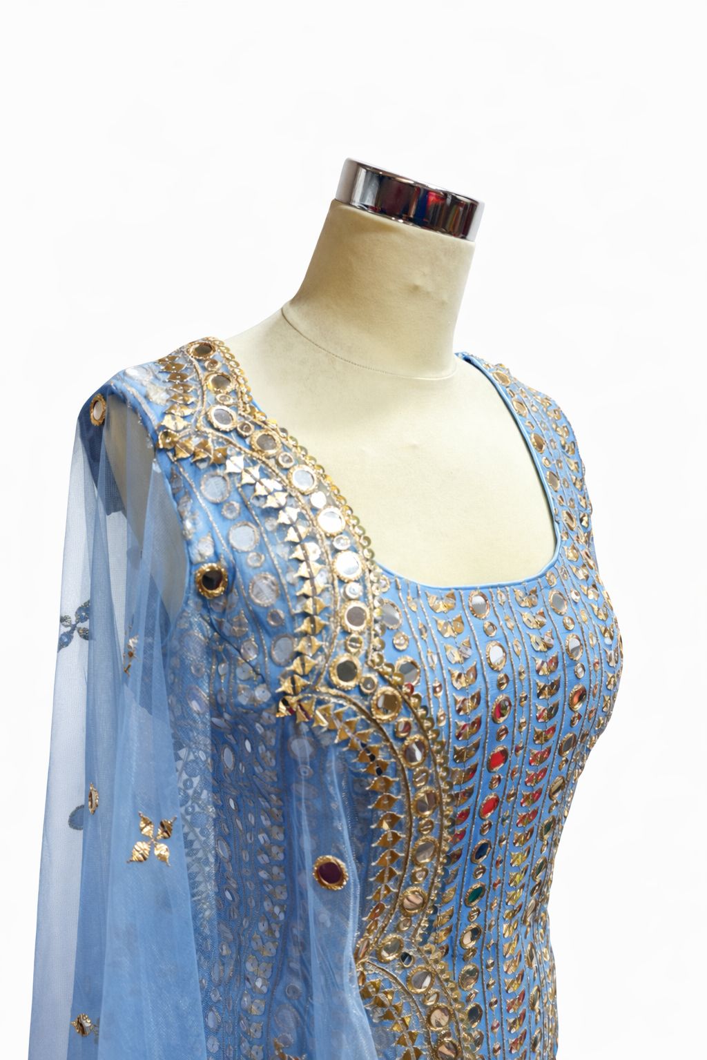 Sky Blue Mirror Work Suit with Silk Sharara & Embroidered Dupatta – Designer Wedding Wear | Size 40