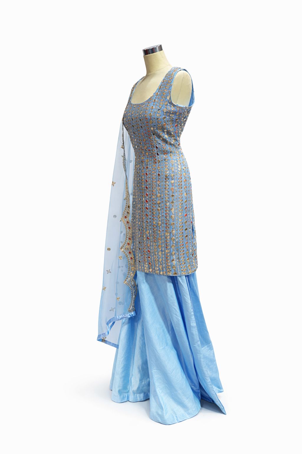 Sky Blue Mirror Work Suit with Silk Sharara & Embroidered Dupatta – Designer Wedding Wear | Size 40