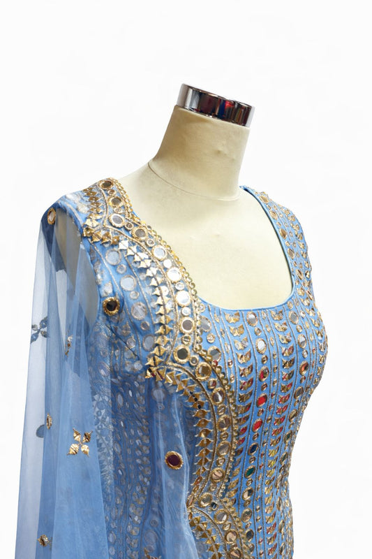 Sky Blue Mirror Work Suit with Silk Sharara & Embroidered Dupatta – Designer Wedding Wear | Size 42