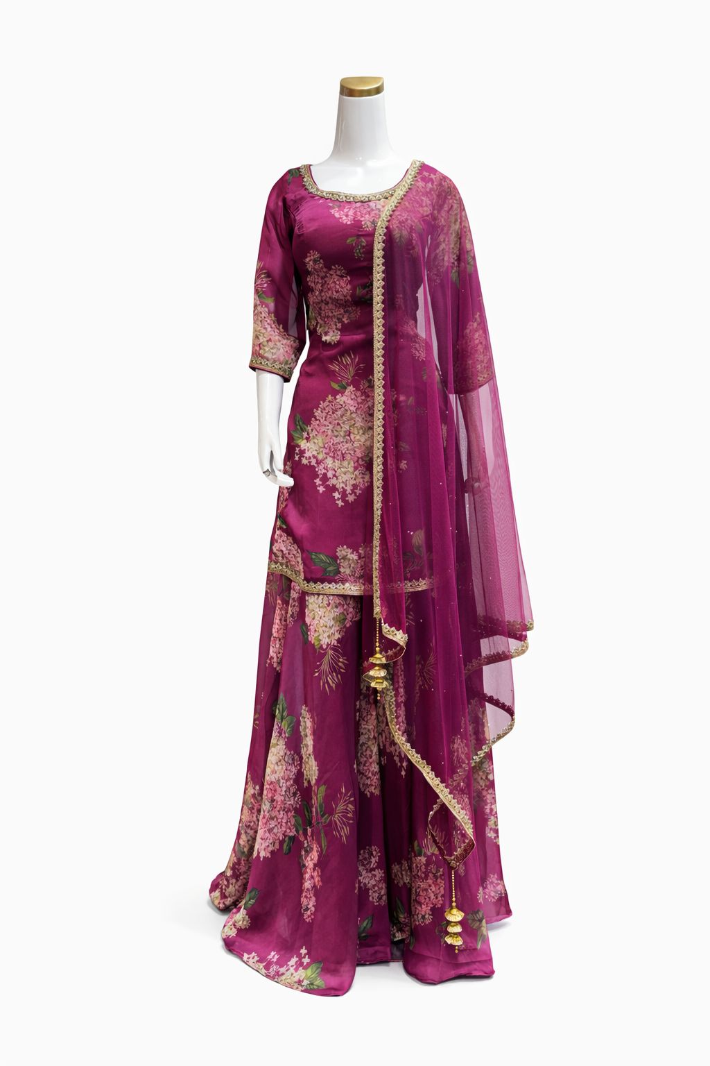 Magenta Floral Georgette Satin Sharara Suit with Dupatta – Designer Festive & Wedding Wear | Size 34 to 46
