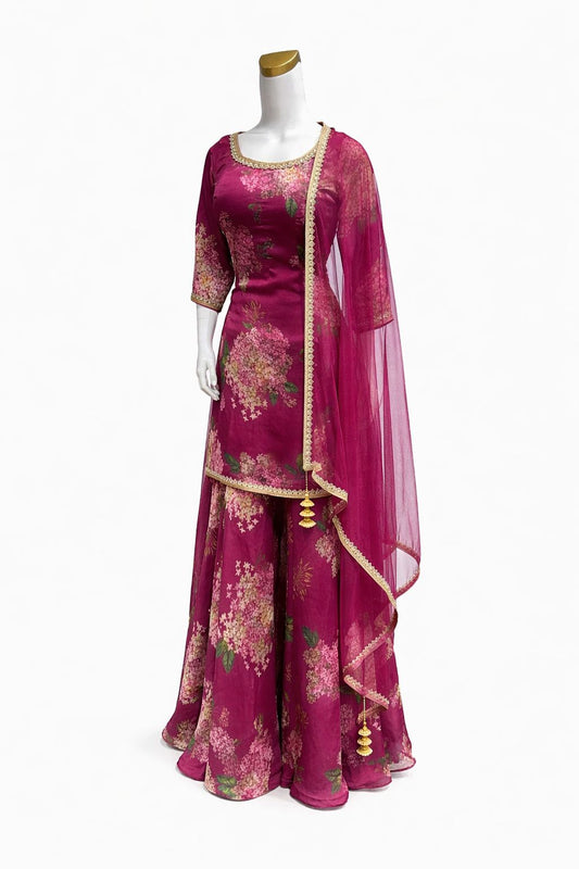 Magenta Floral Georgette Satin Sharara Suit with Dupatta – Designer Festive & Wedding Wear | Size 34 to 46